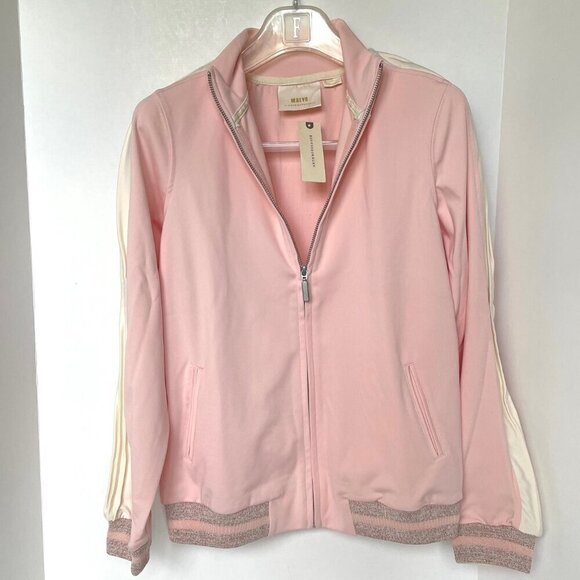 Anthropologie Bomber Track Jacket Womens Pink Full Zip Stretch Stripe Sleeve - Picture 3 of 7